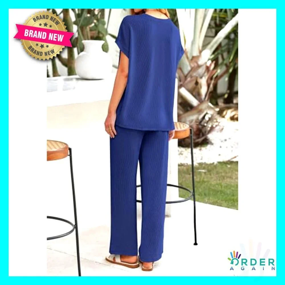 Ribbed Knit Lounge Set Short Sleeve Top Wide Leg Pants Casual Chic
